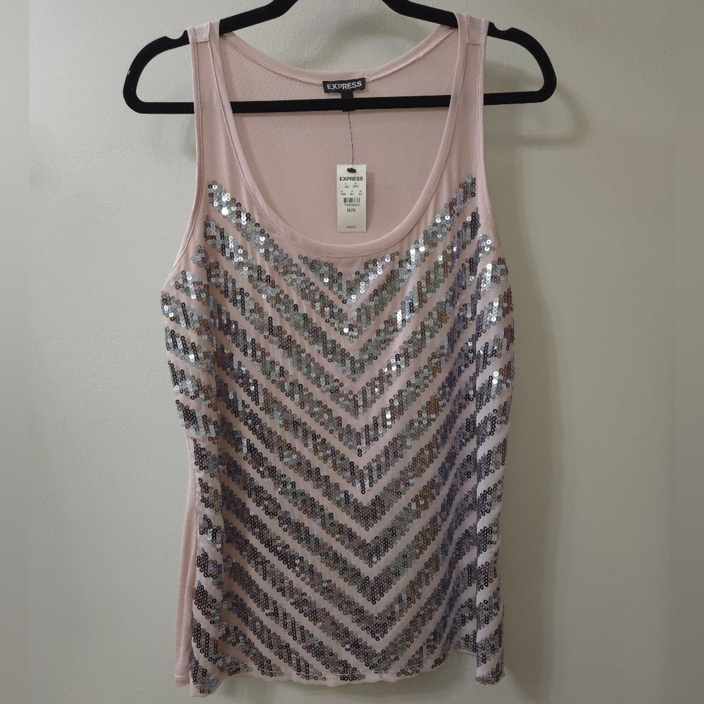 Express Women’s Pink and Silver Sequin Chevron Top - NWT -Medium